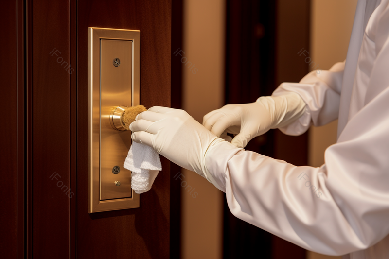 使用消毒液擦拭门把手的服务员背景图,高清,摄影图,摄影图片,图片大全,摄影图免费下载